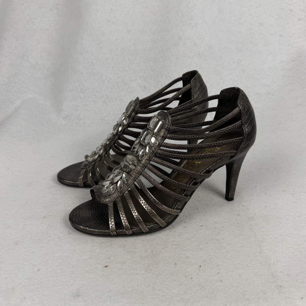 New York Transit Strappy Crystal Heels Women 6M Caged Stiletto Bronze Chic Y2k